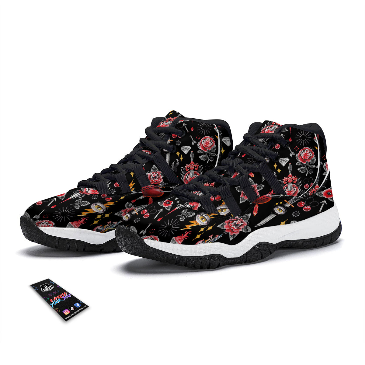 Tattoo Watercolor Print Pattern Black Bball Shoes-grizzshop