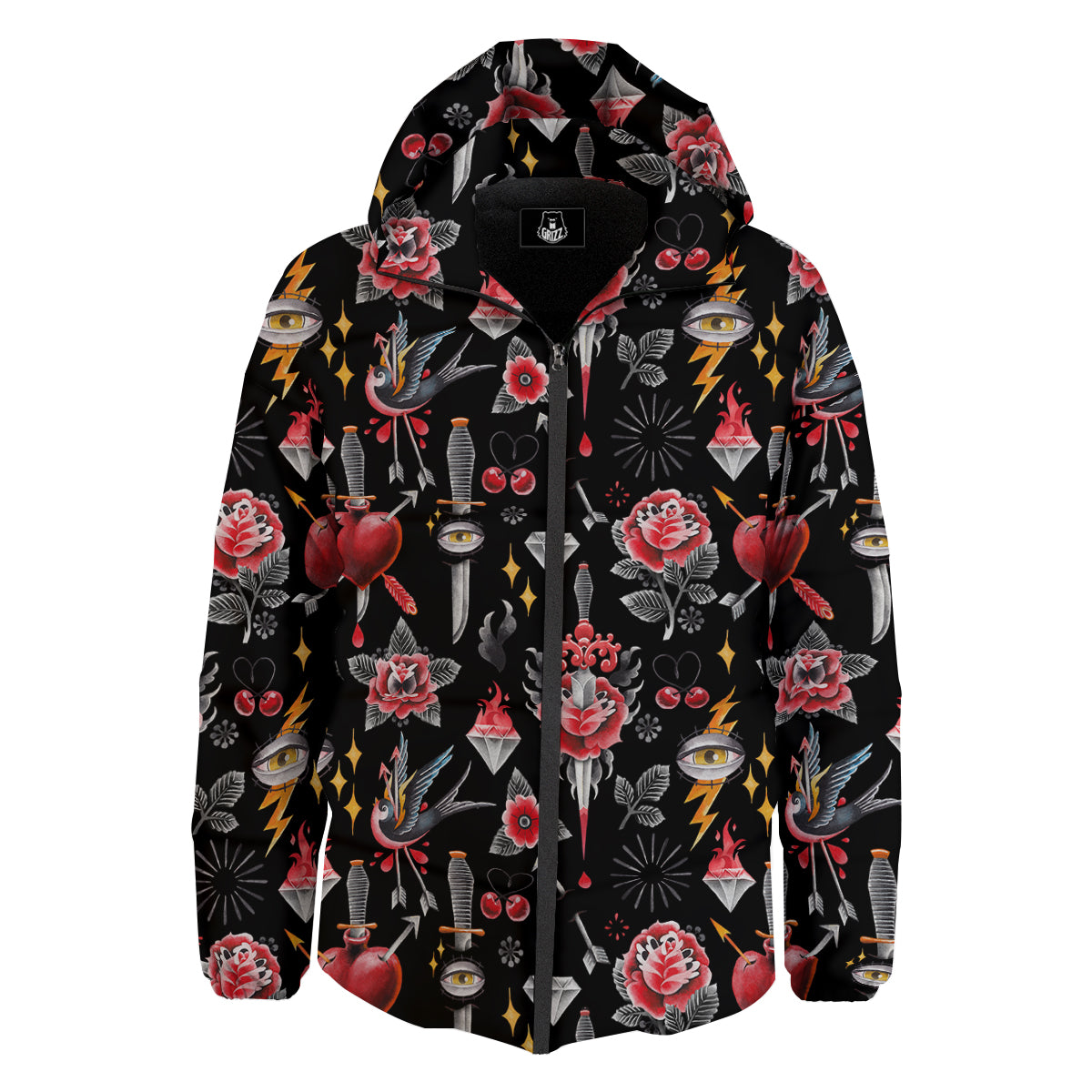 Tattoo Watercolor Print Pattern Down Jacket-grizzshop