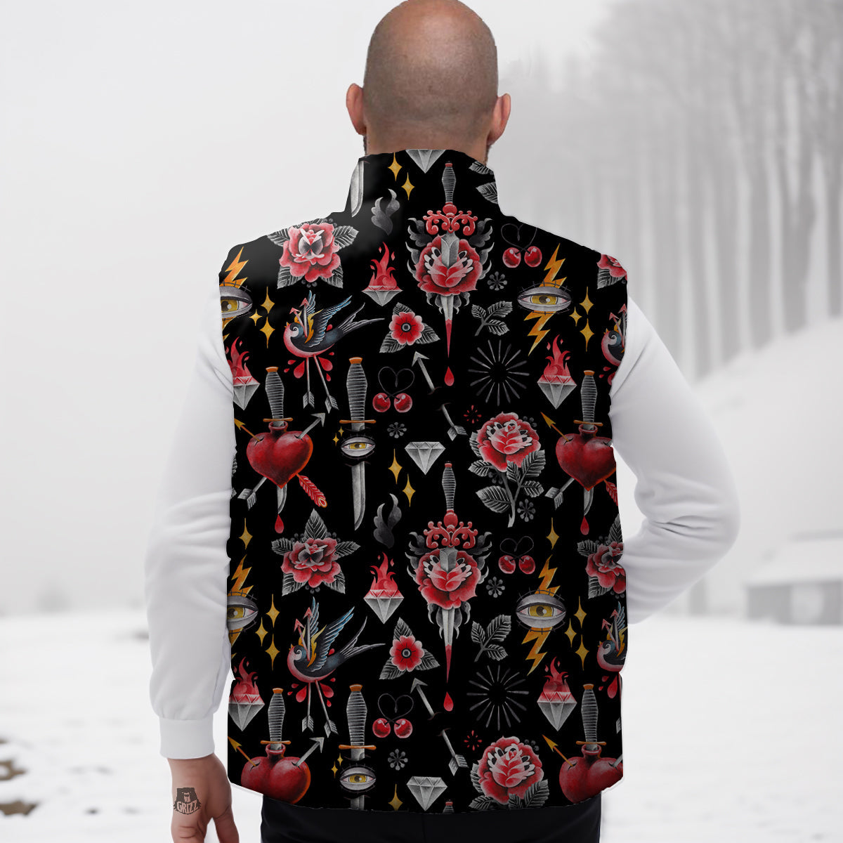 Tattoo Watercolor Print Pattern Down Vest