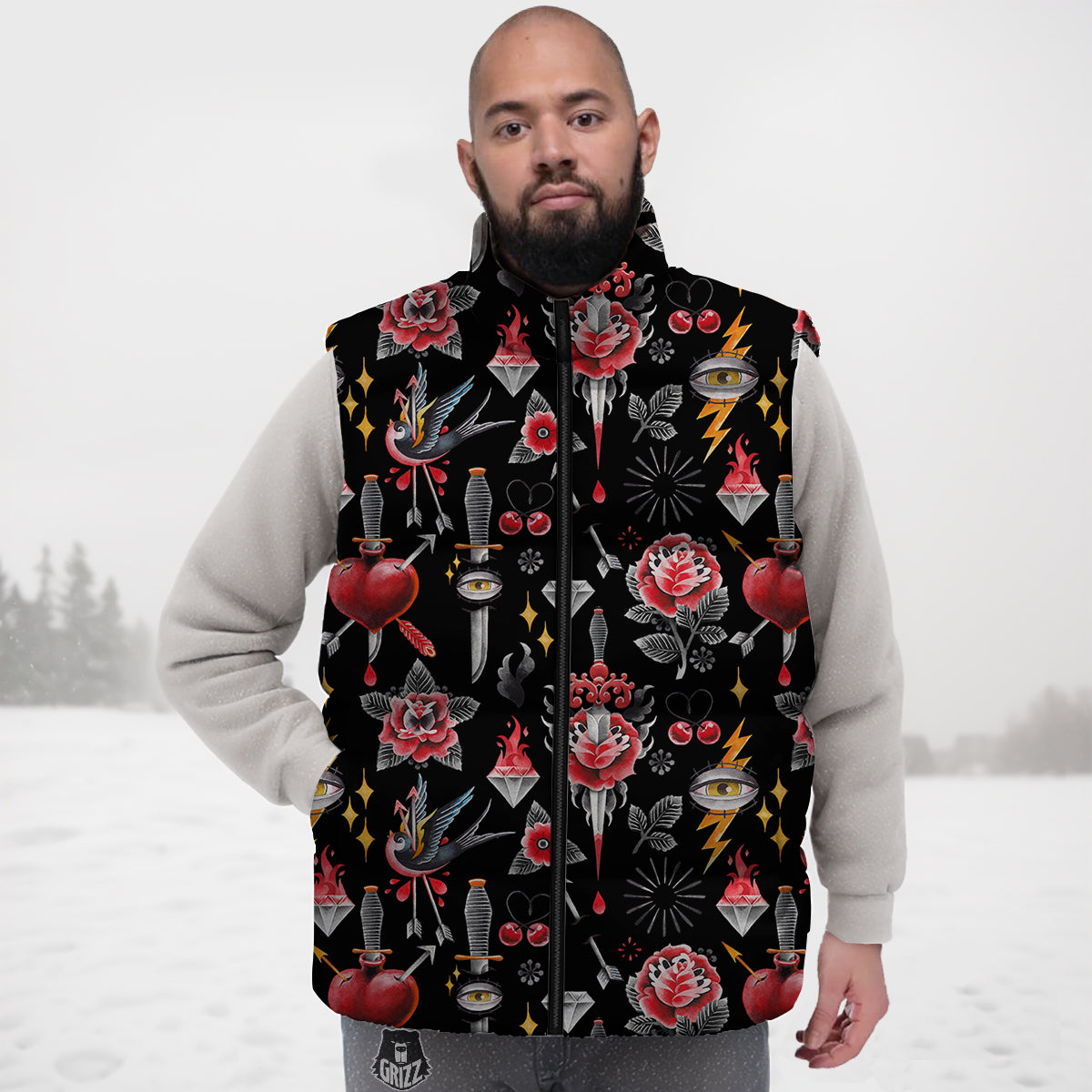 Tattoo Watercolor Print Pattern Down Vest