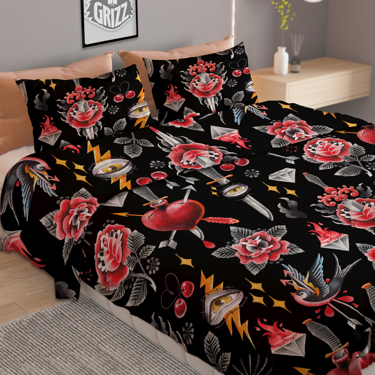 Tattoo Watercolor Print Pattern Duvet Cover Bedding Set