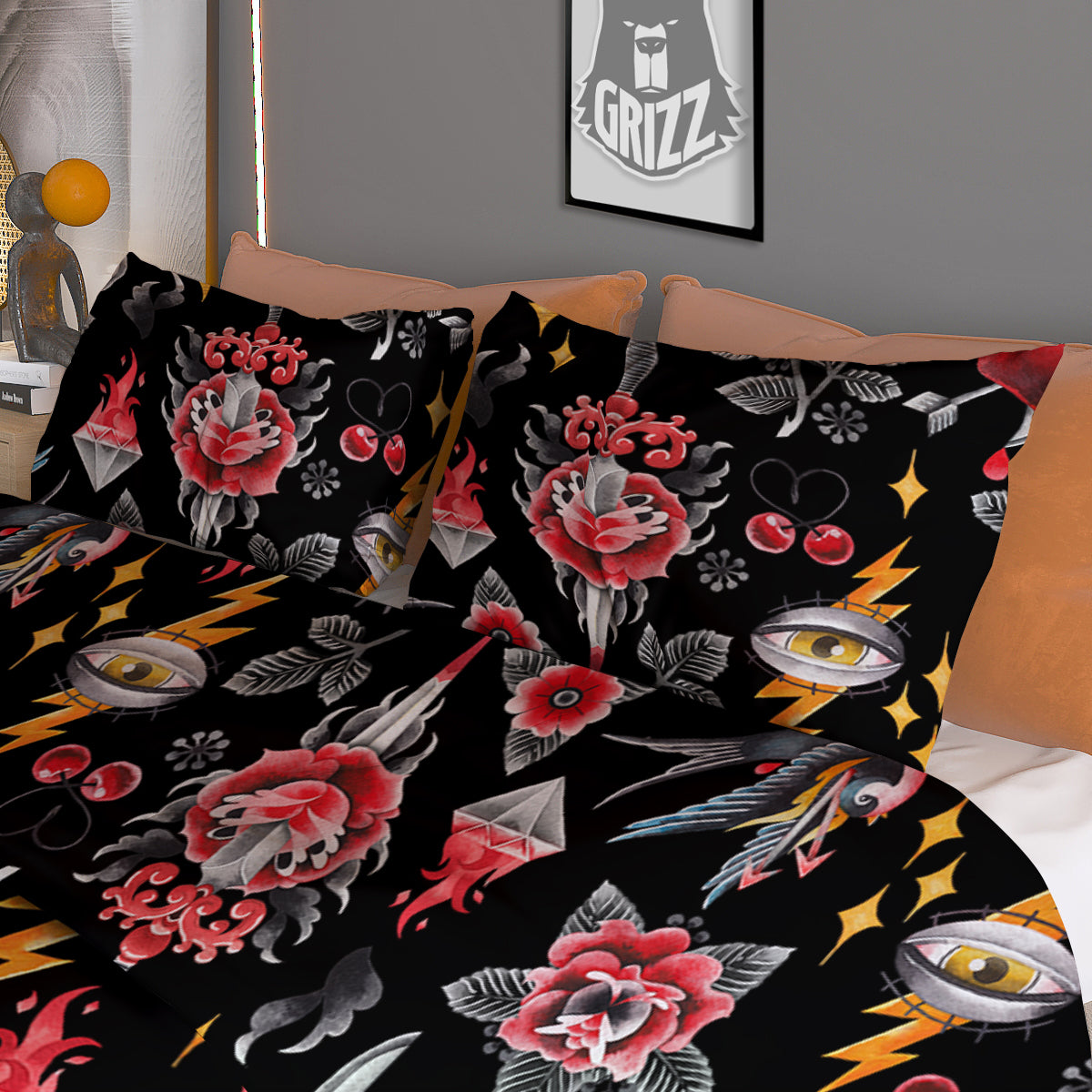 Tattoo Watercolor Print Pattern Duvet Cover Bedding Set