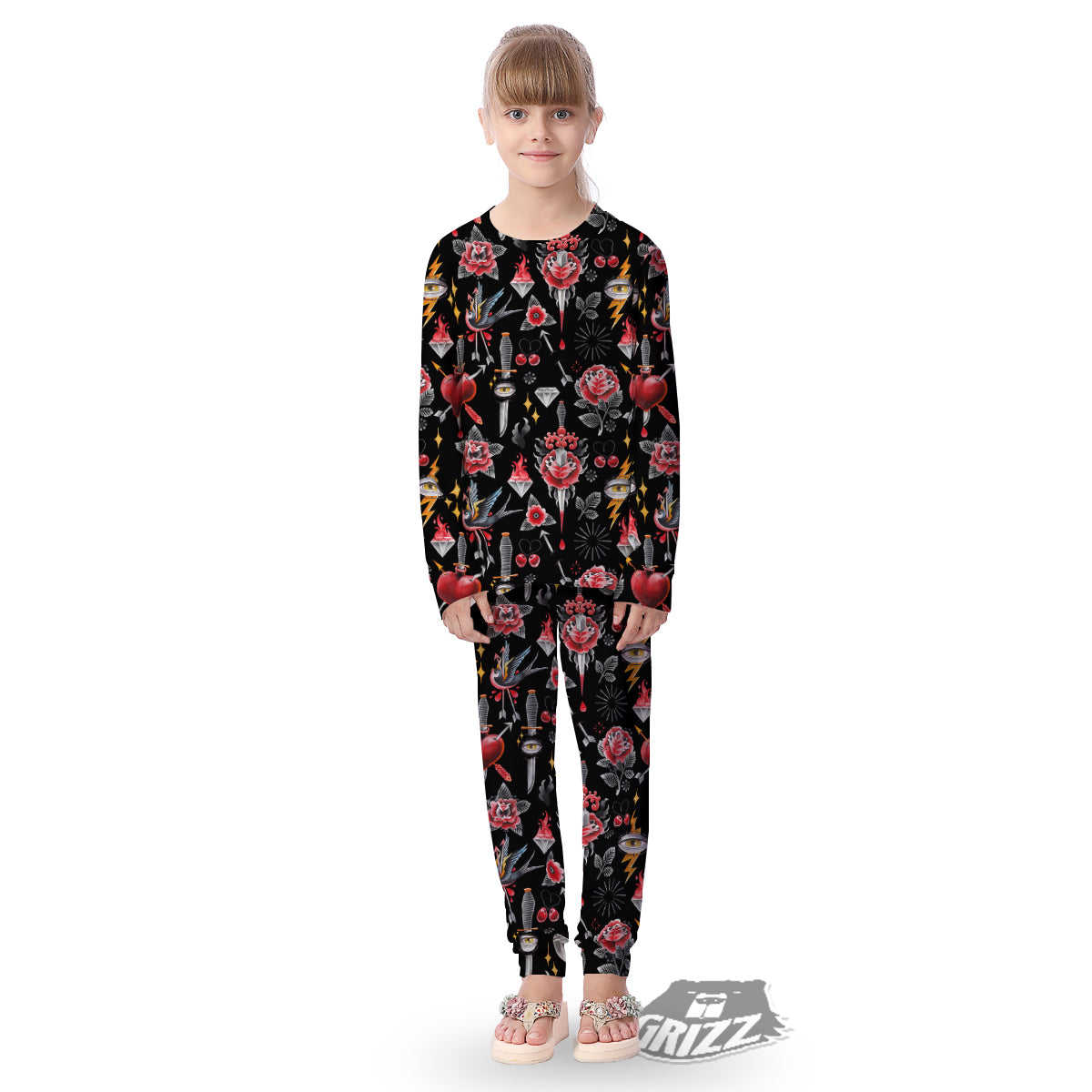 Tattoo Watercolor Print Pattern Kid's Pajamas-grizzshop