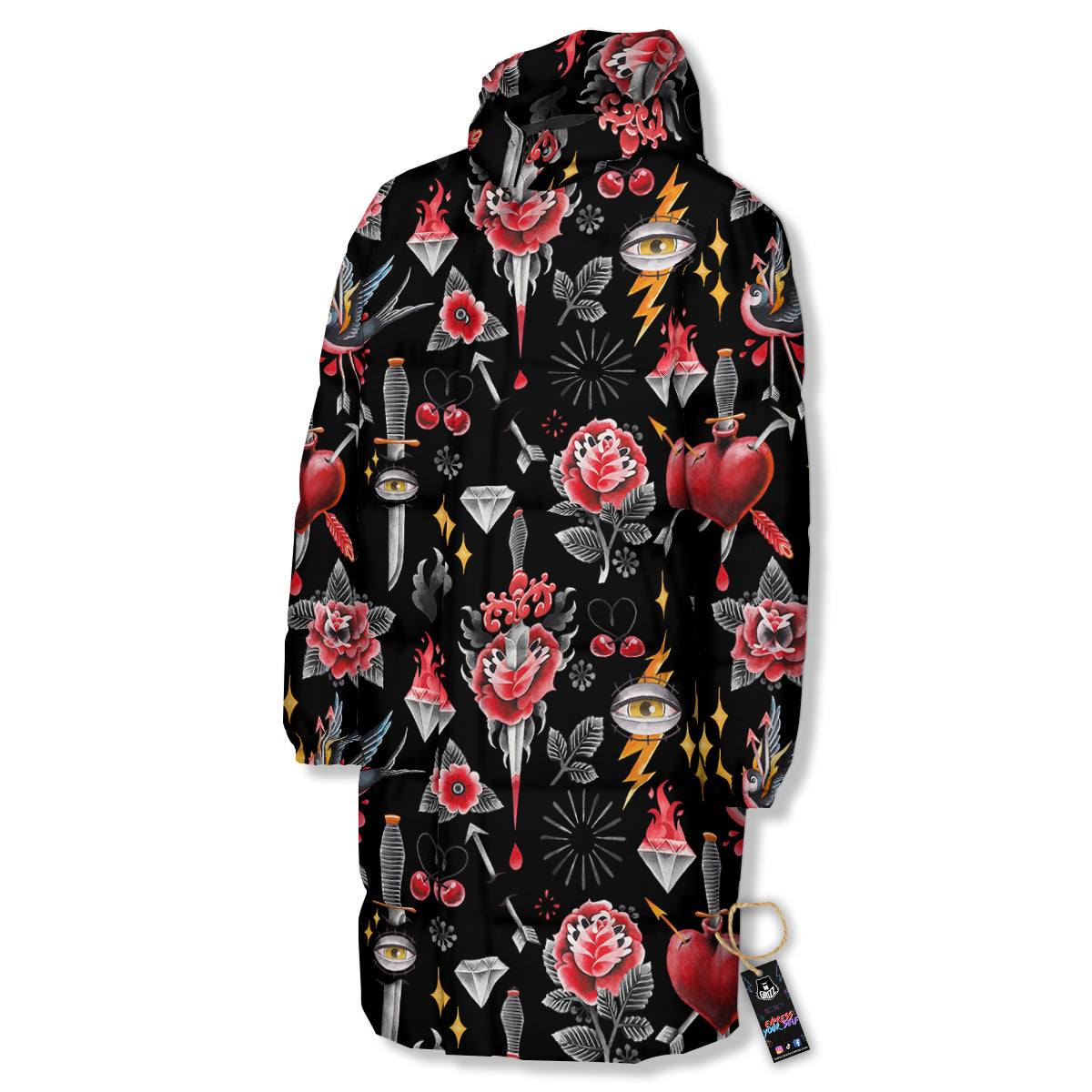 Tattoo Watercolor Print Pattern Long Down Jacket-grizzshop
