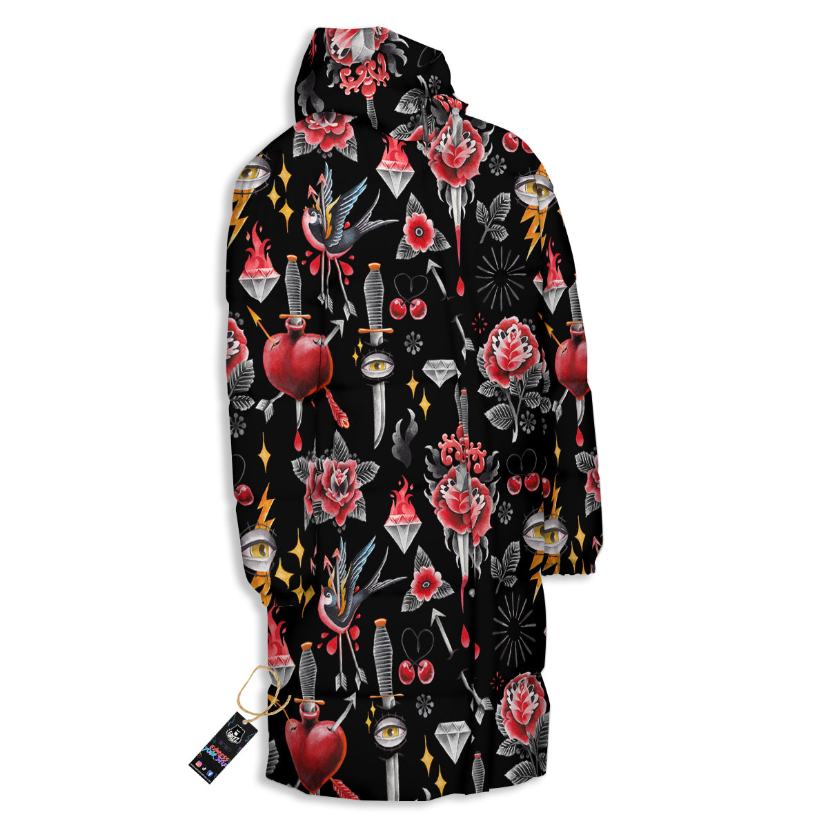 Tattoo Watercolor Print Pattern Long Down Jacket-grizzshop