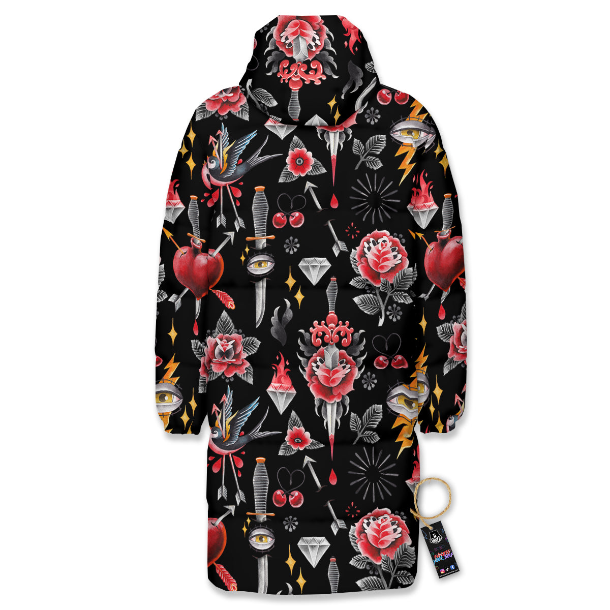 Tattoo Watercolor Print Pattern Long Down Jacket-grizzshop