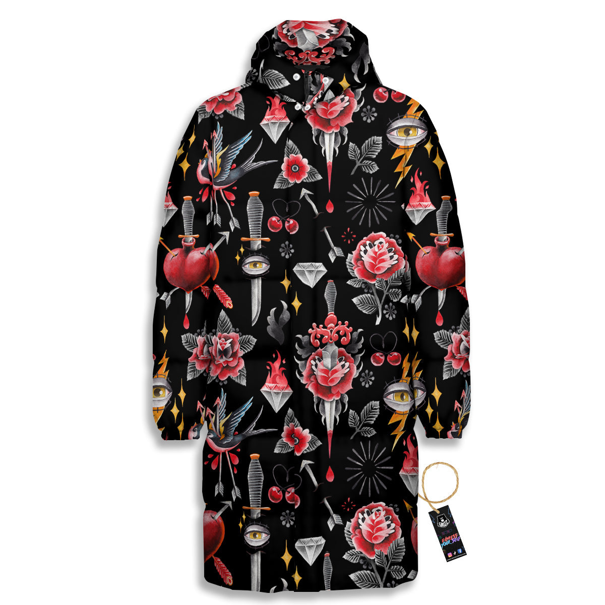 Tattoo Watercolor Print Pattern Long Down Jacket-grizzshop