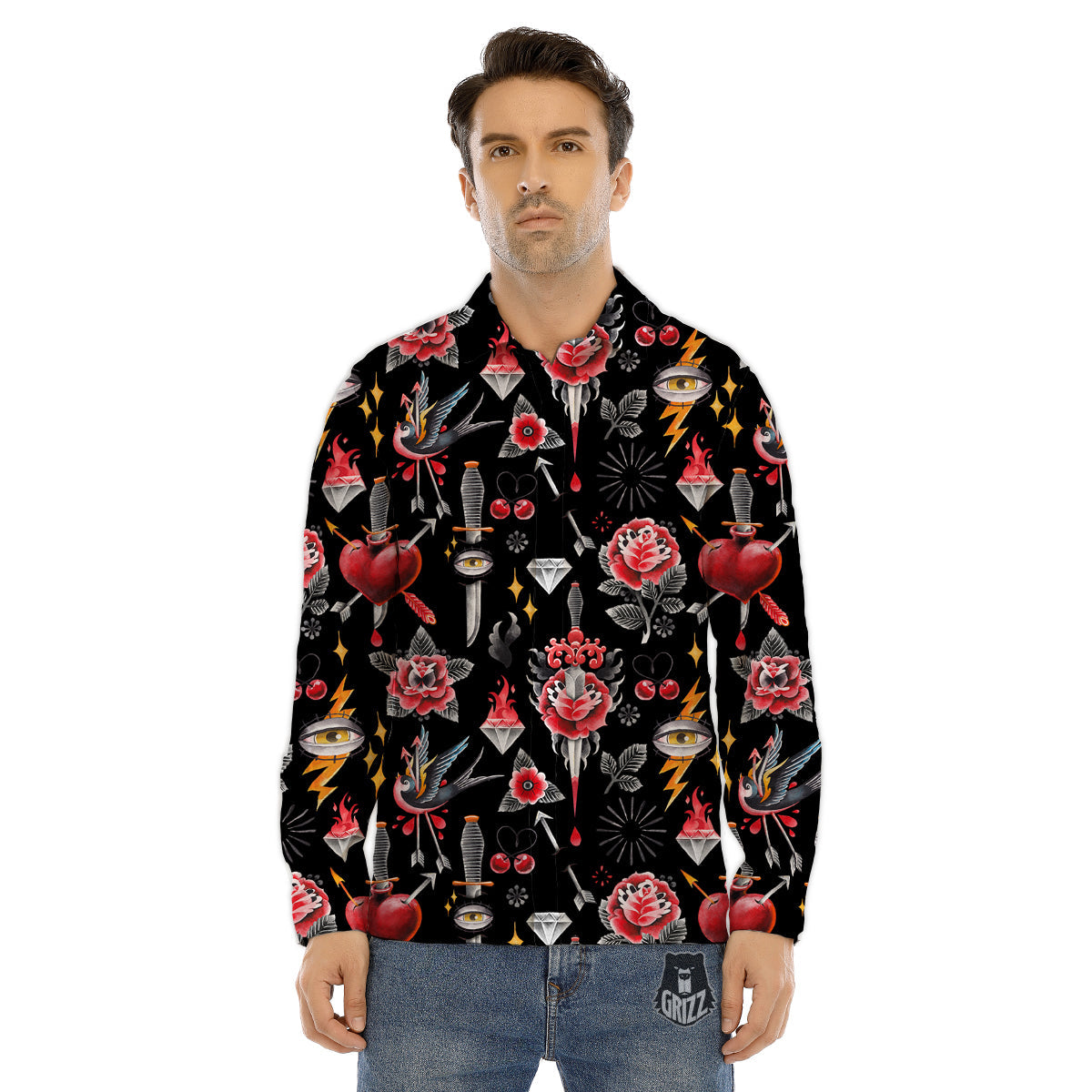 Tattoo Watercolor Print Pattern Men's Dress Shirts-grizzshop