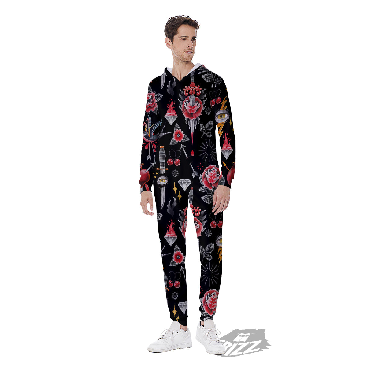 Tattoo Watercolor Print Pattern Men's Jumpsuit-grizzshop
