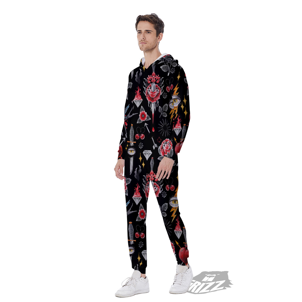 Tattoo Watercolor Print Pattern Men's Jumpsuit-grizzshop