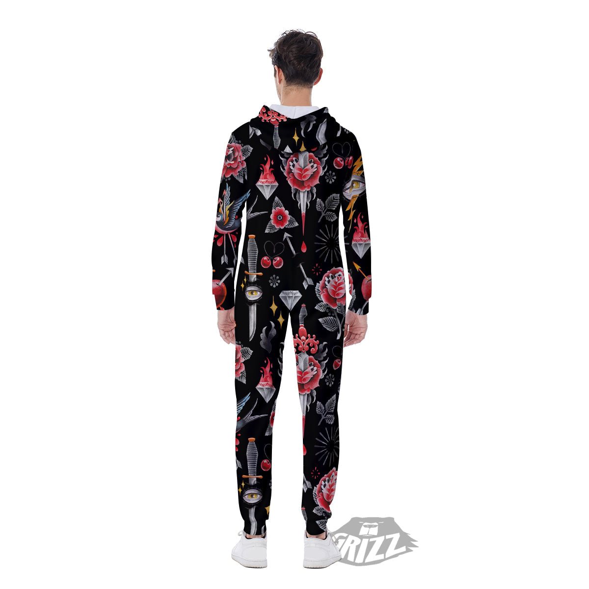 Tattoo Watercolor Print Pattern Men's Jumpsuit-grizzshop