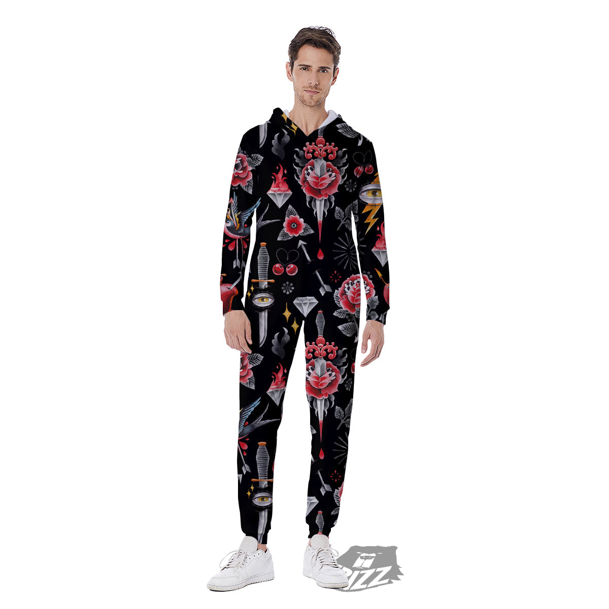 Tattoo Watercolor Print Pattern Men's Jumpsuit-grizzshop