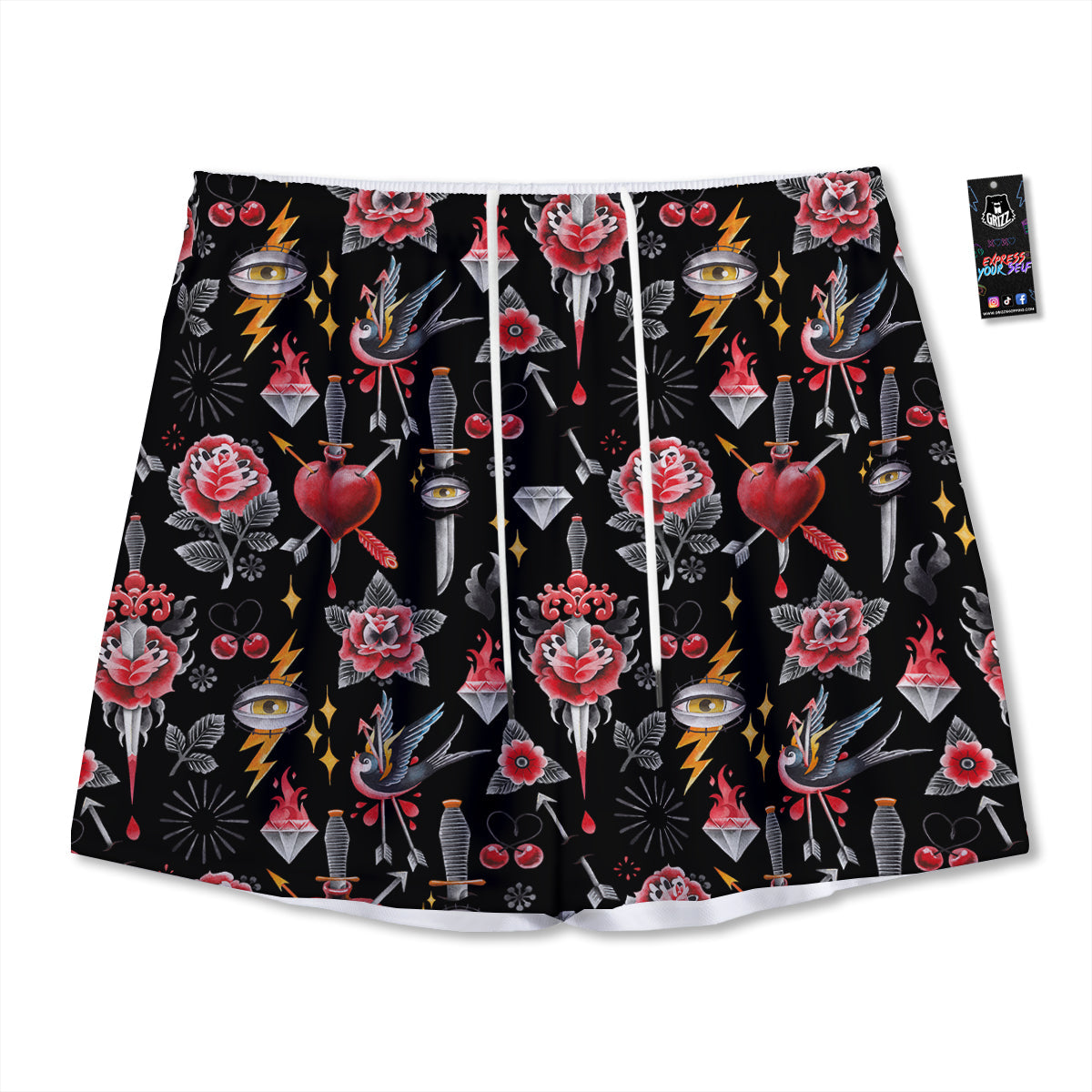 Tattoo Watercolor Print Pattern Mesh Shorts