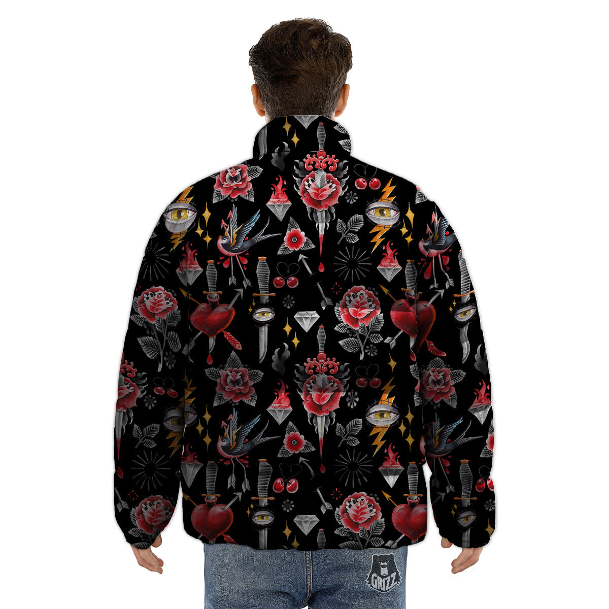 Tattoo Watercolor Print Pattern Puffer Jacket-grizzshop