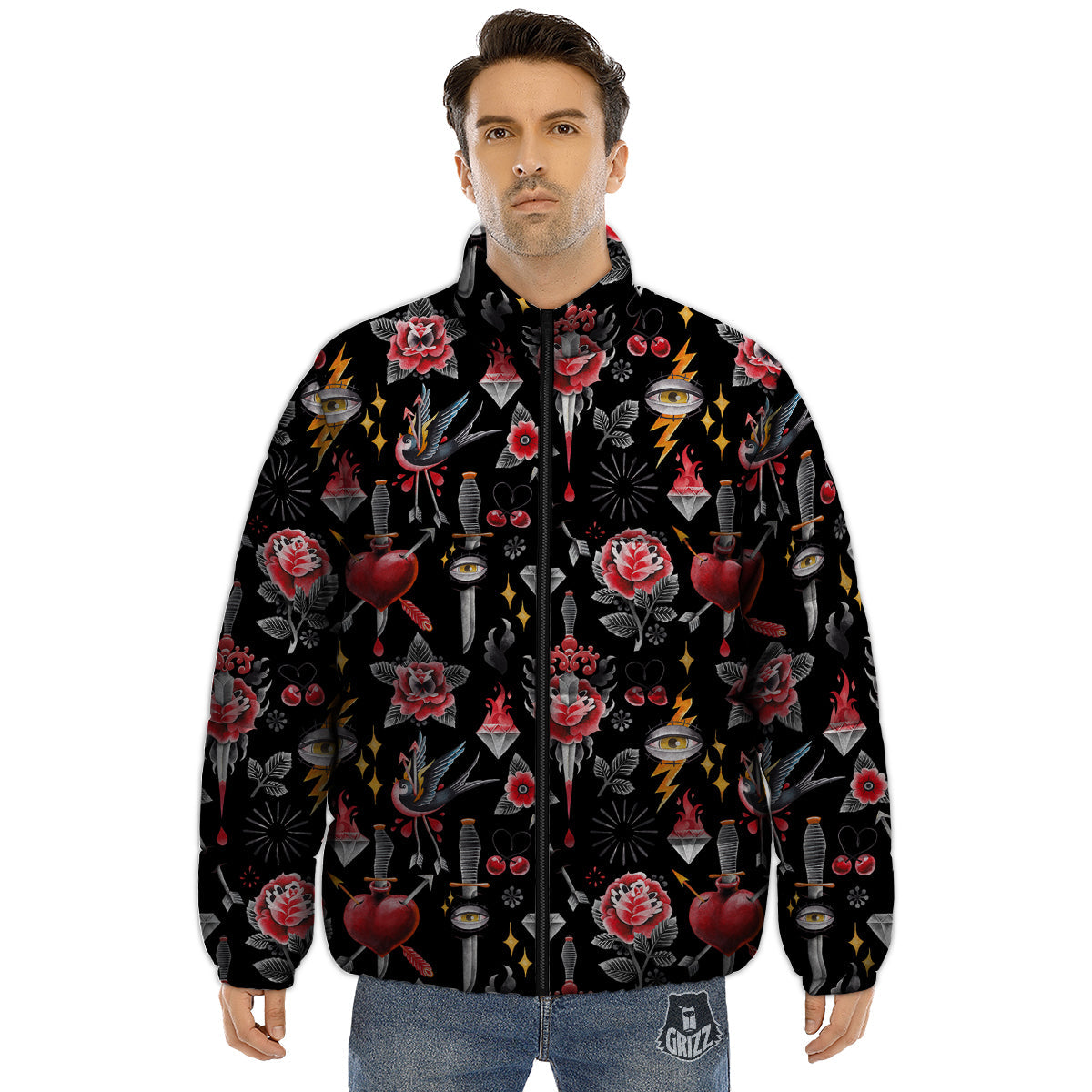Tattoo Watercolor Print Pattern Puffer Jacket-grizzshop