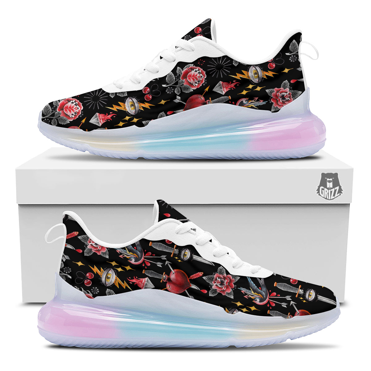 Tattoo Watercolor Print Pattern Running Sneakers-grizzshop
