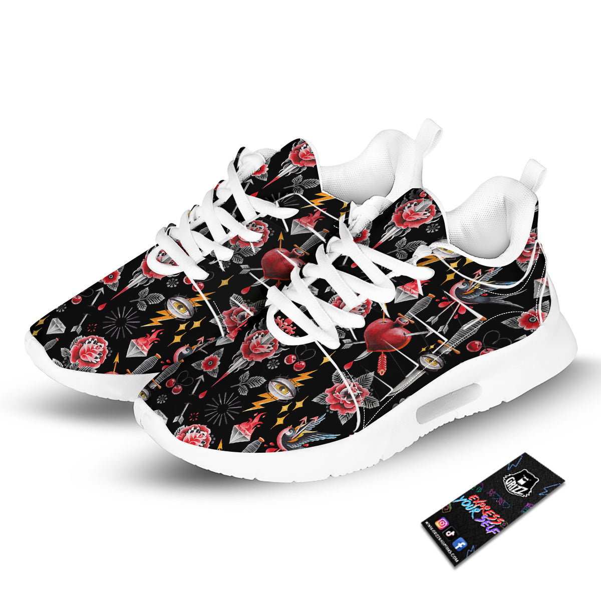 Tattoo Watercolor Print Pattern Tennis Shoes-grizzshop