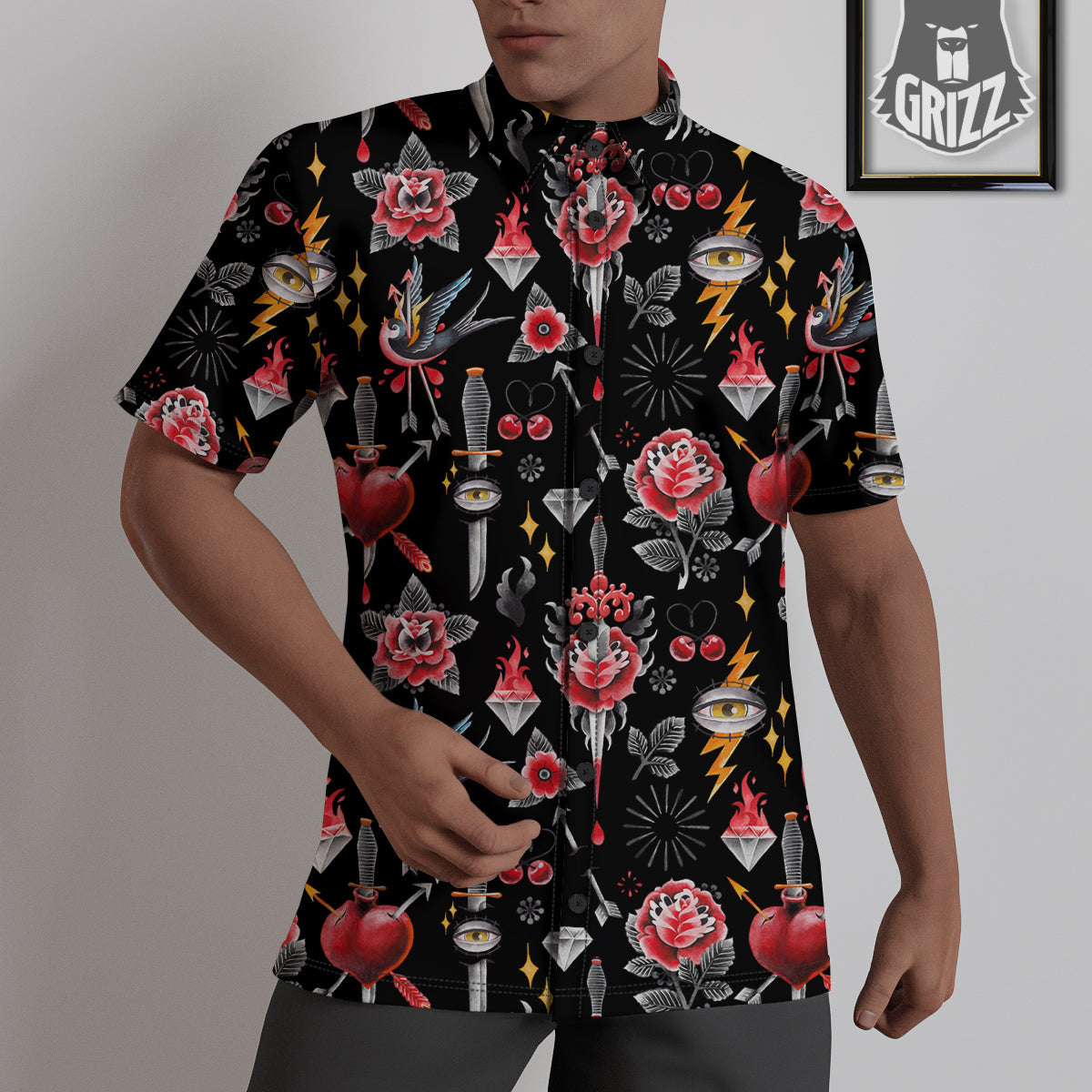 Tattoo Watercolor Print Pattern Untucked Shirts-grizzshop