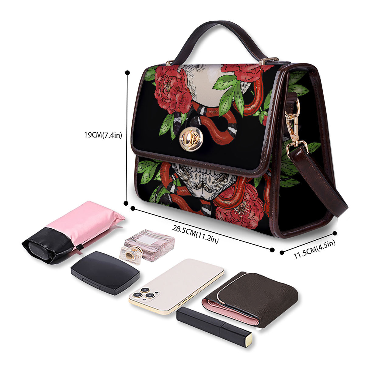 Tattoo Roses And Skull Print Women's Satchel Bag