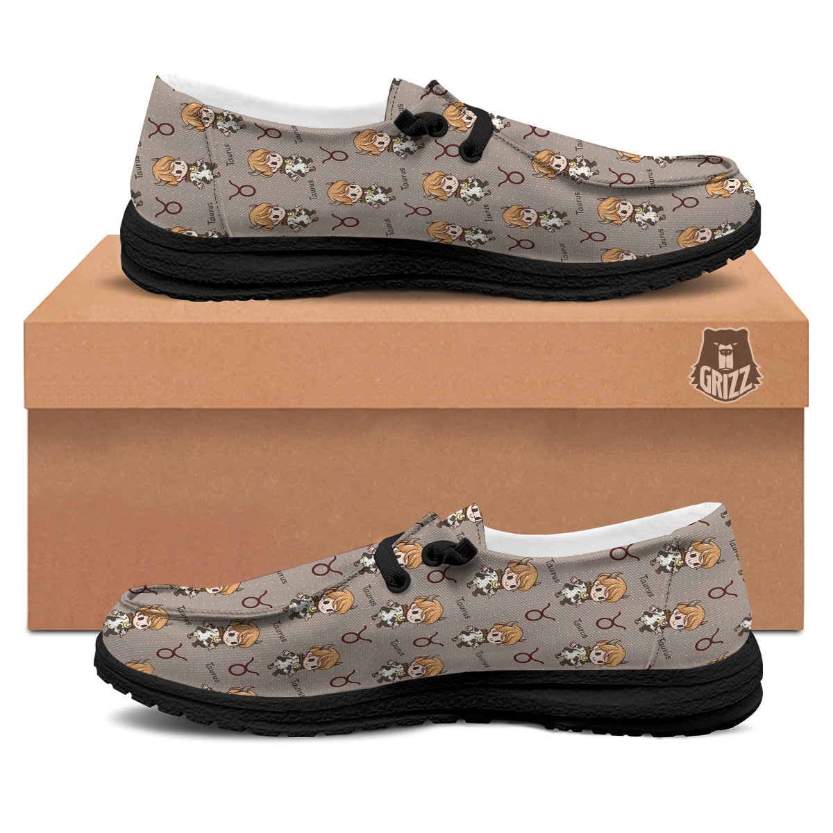 Taurus Cute Cartoon Print Pattern Black Loafers-grizzshop
