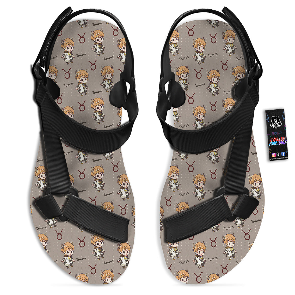 Taurus Cute Cartoon Print Pattern Black Open Toe Sandals-grizzshop