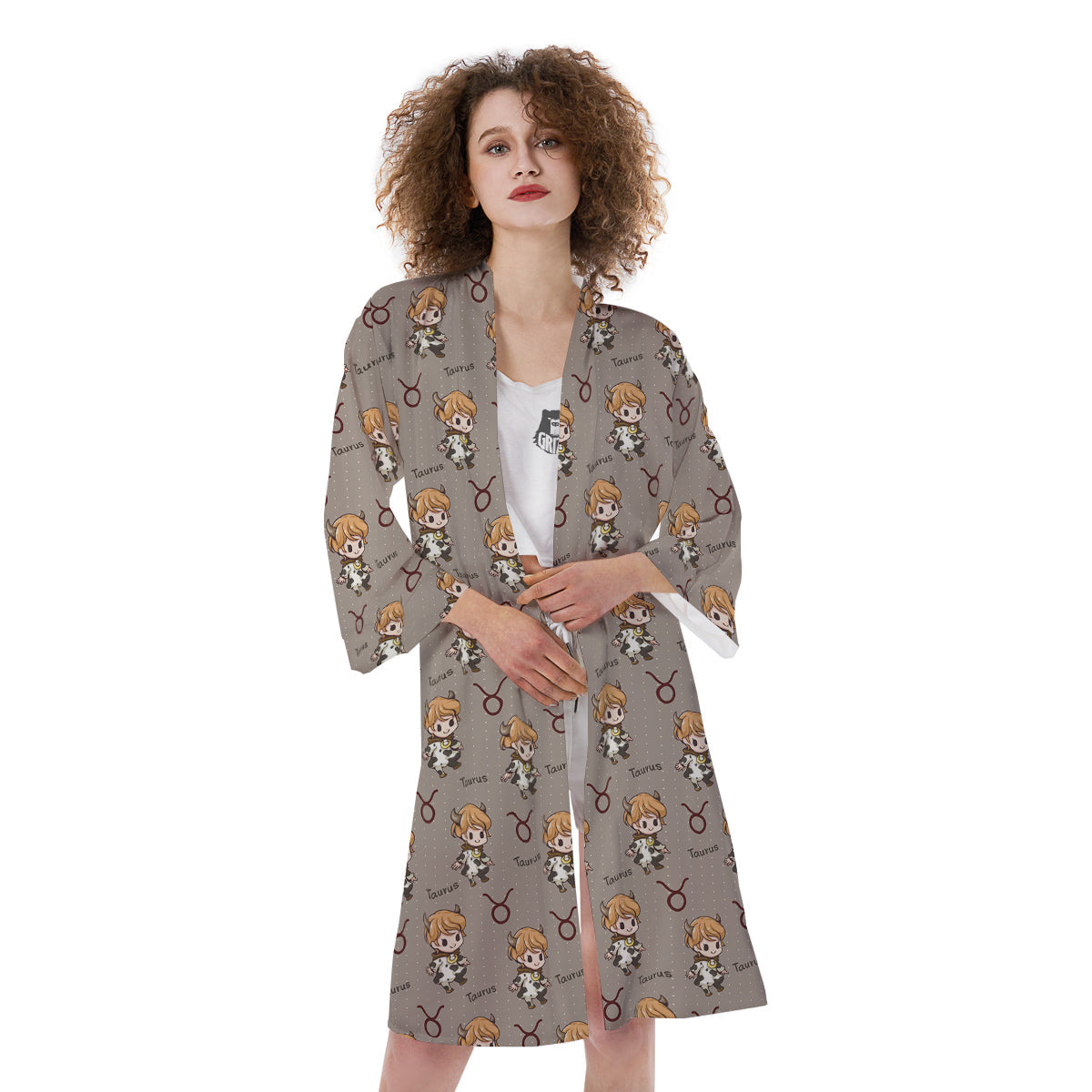 Taurus Cute Cartoon Print Pattern Kimono-grizzshop