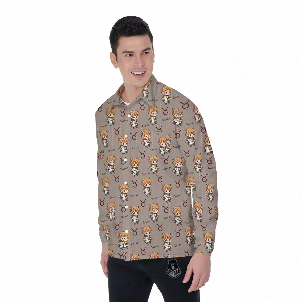 Taurus Cute Cartoon Print Pattern Men's Long Sleeve Shirts-grizzshop