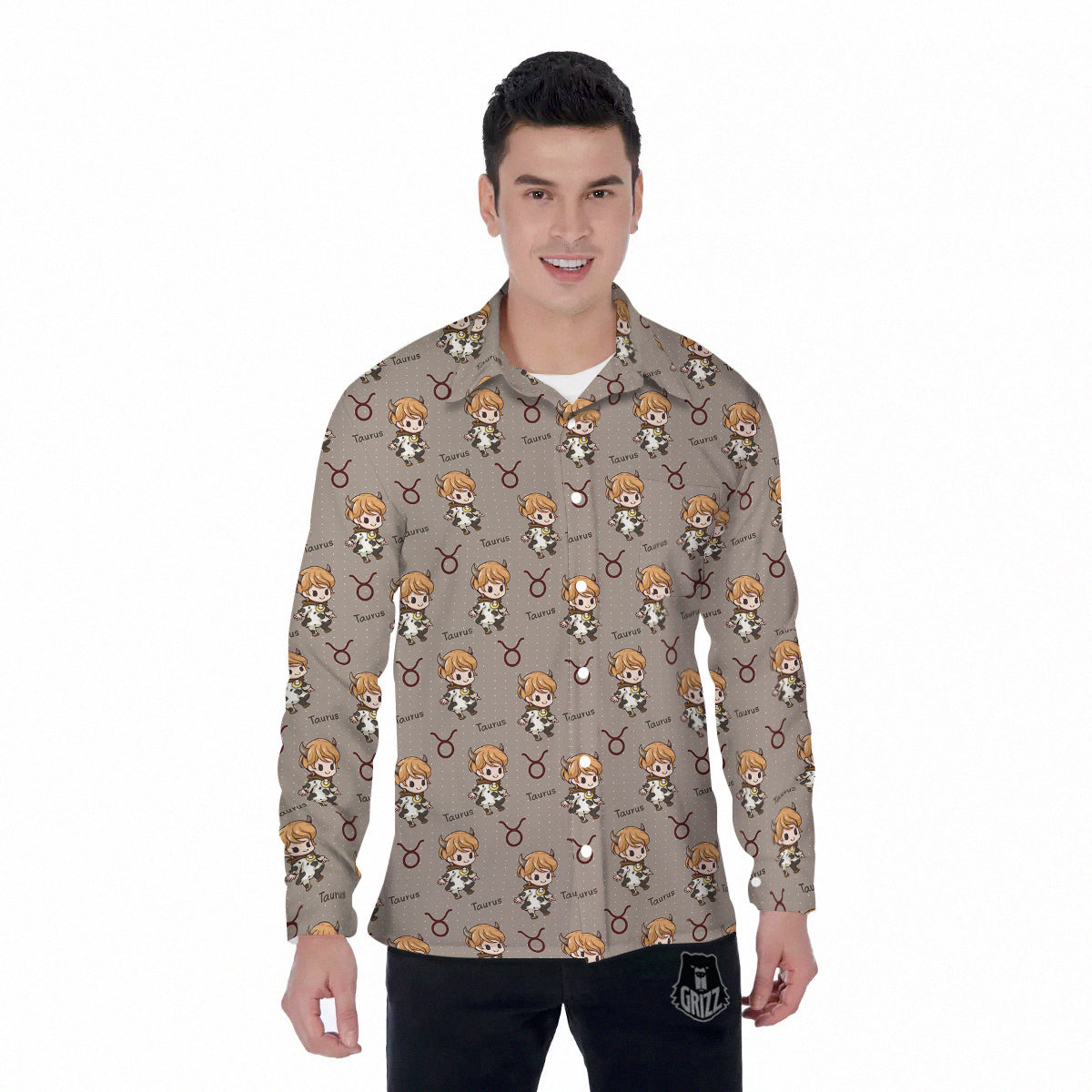 Taurus Cute Cartoon Print Pattern Men's Long Sleeve Shirts-grizzshop