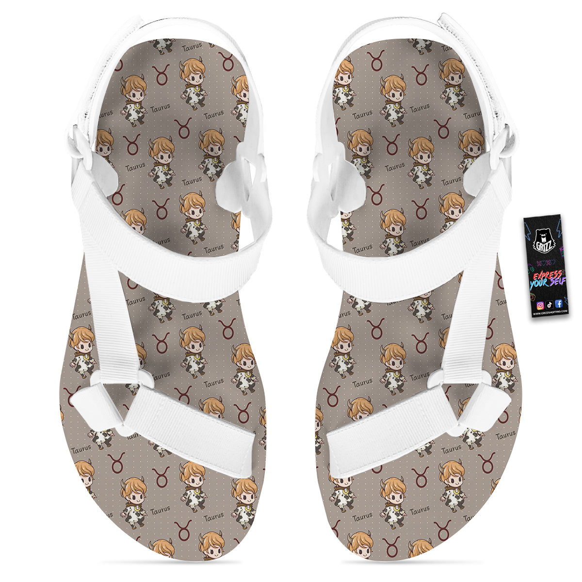 Taurus Cute Cartoon Print Pattern White Open Toe Sandals-grizzshop