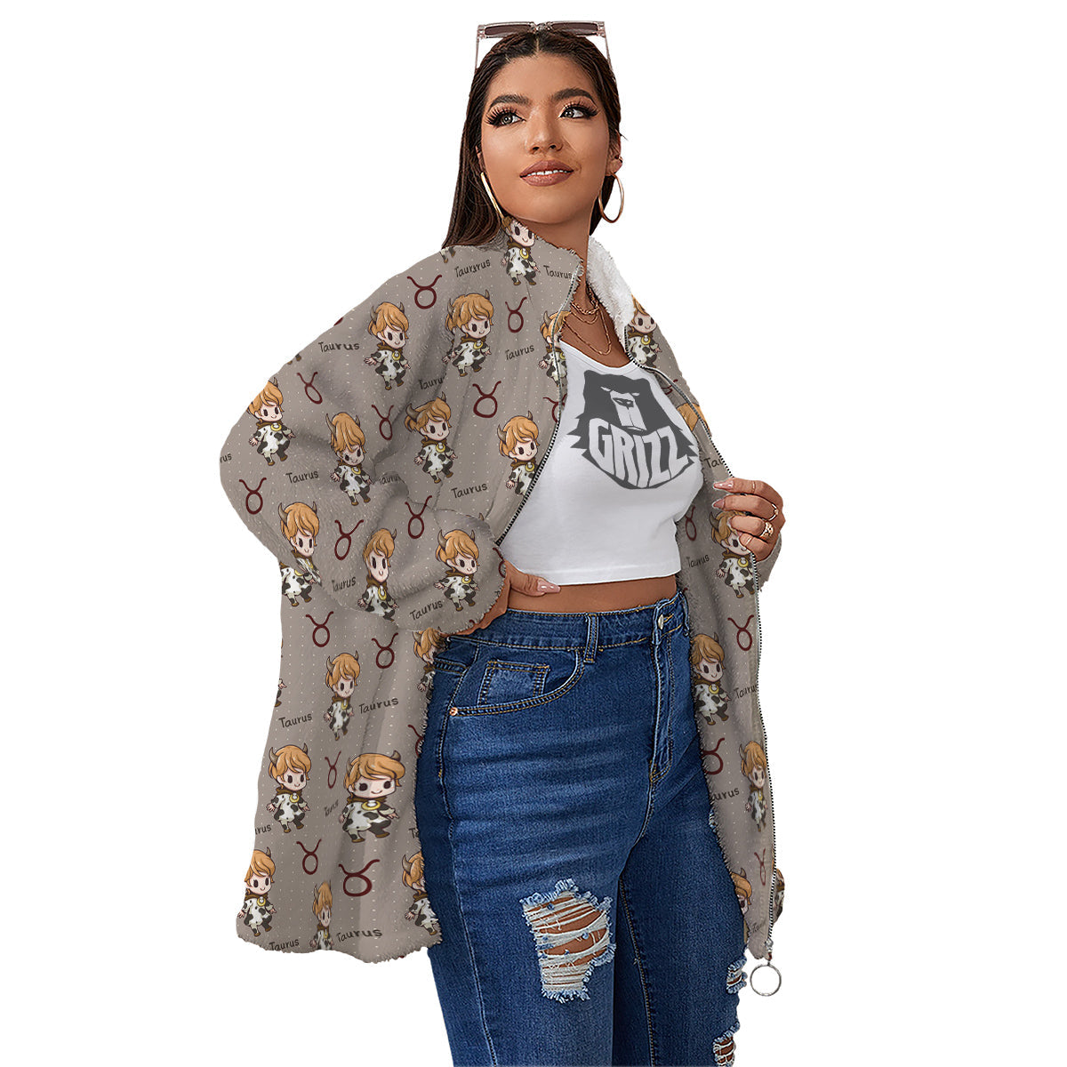 Taurus Cute Cartoon Print Pattern Women's Sherpa Jacket-grizzshop