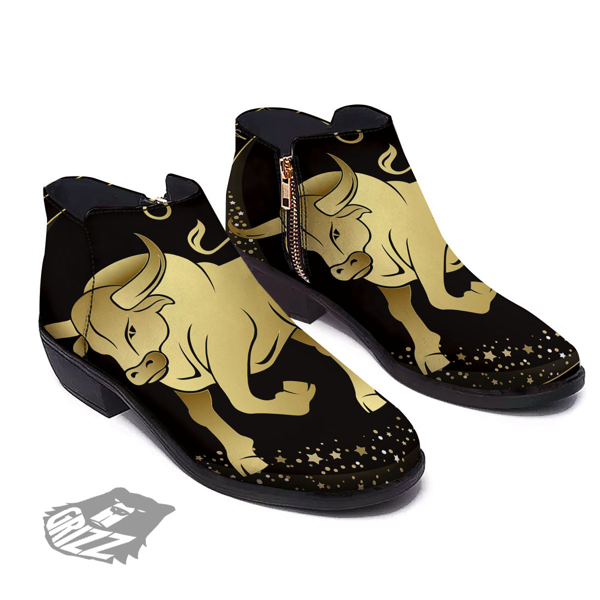 Taurus Sign Black And Gold Print Ankle Boots-grizzshop