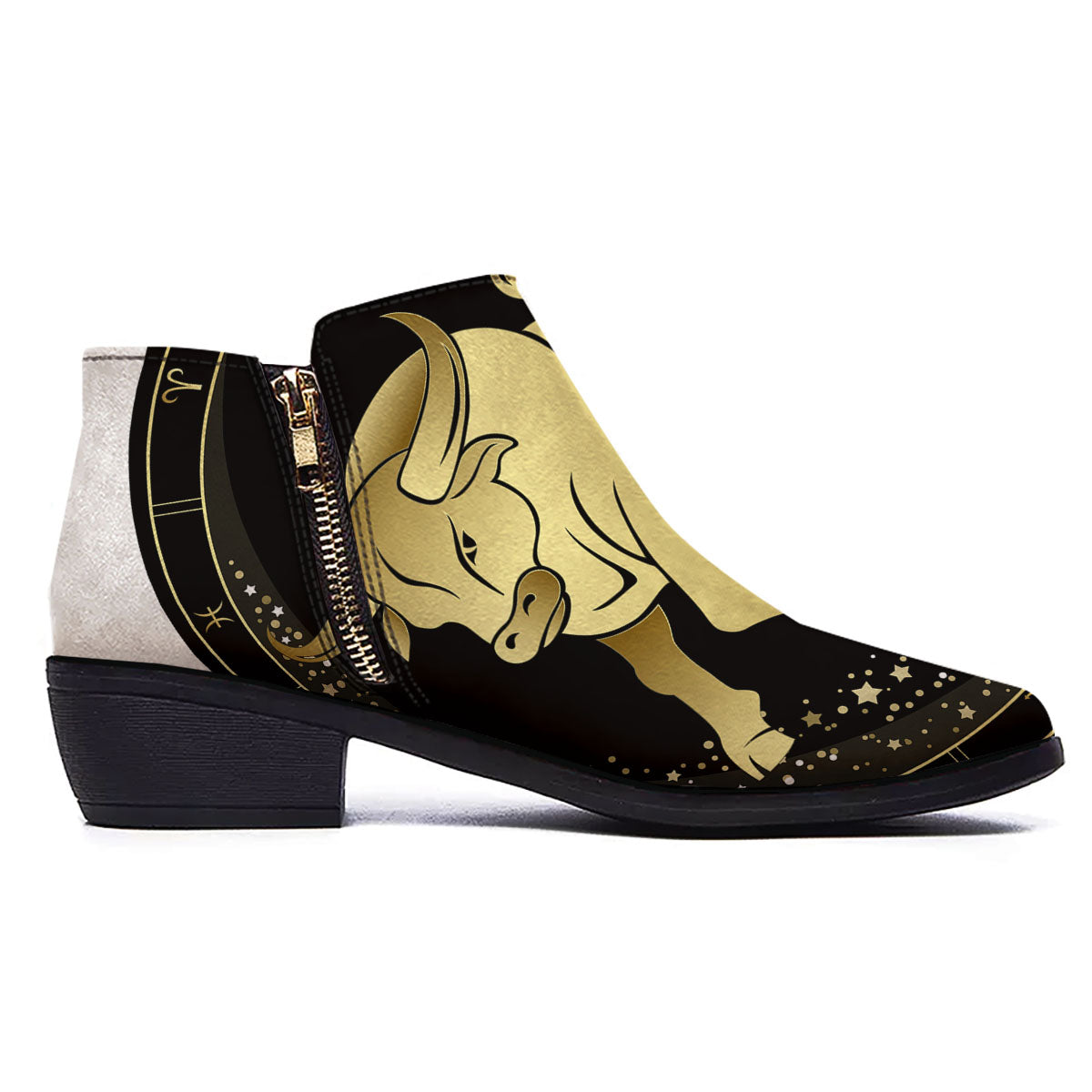 Taurus Sign Black And Gold Print Ankle Boots-grizzshop