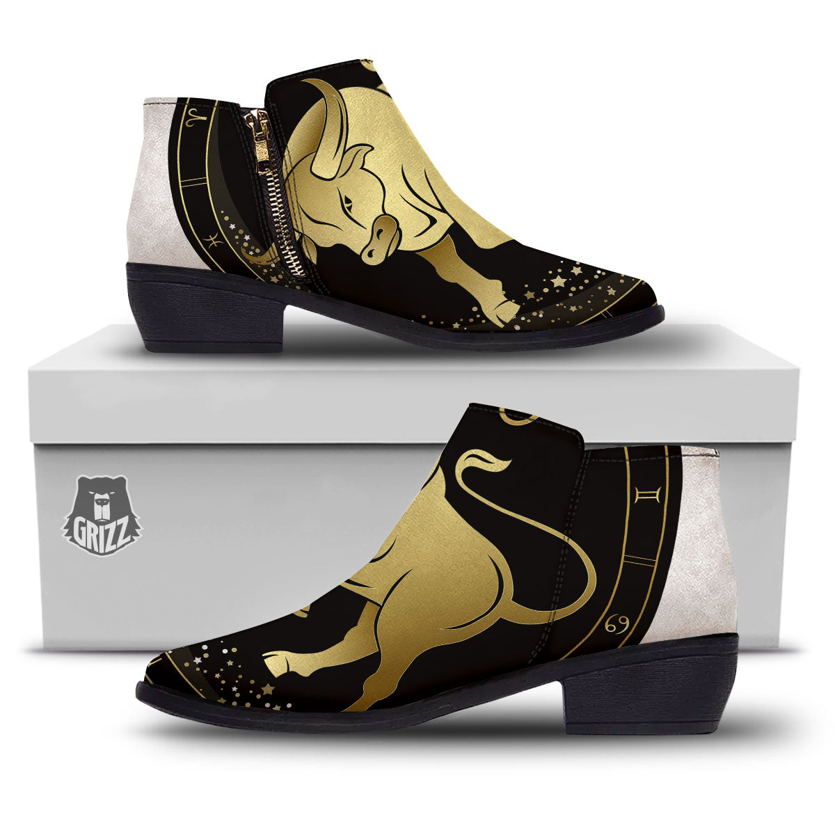 Taurus Sign Black And Gold Print Ankle Boots-grizzshop