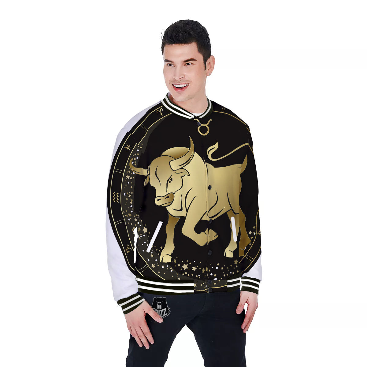 Taurus Sign Black And Gold Print Baseball Jacket-grizzshop
