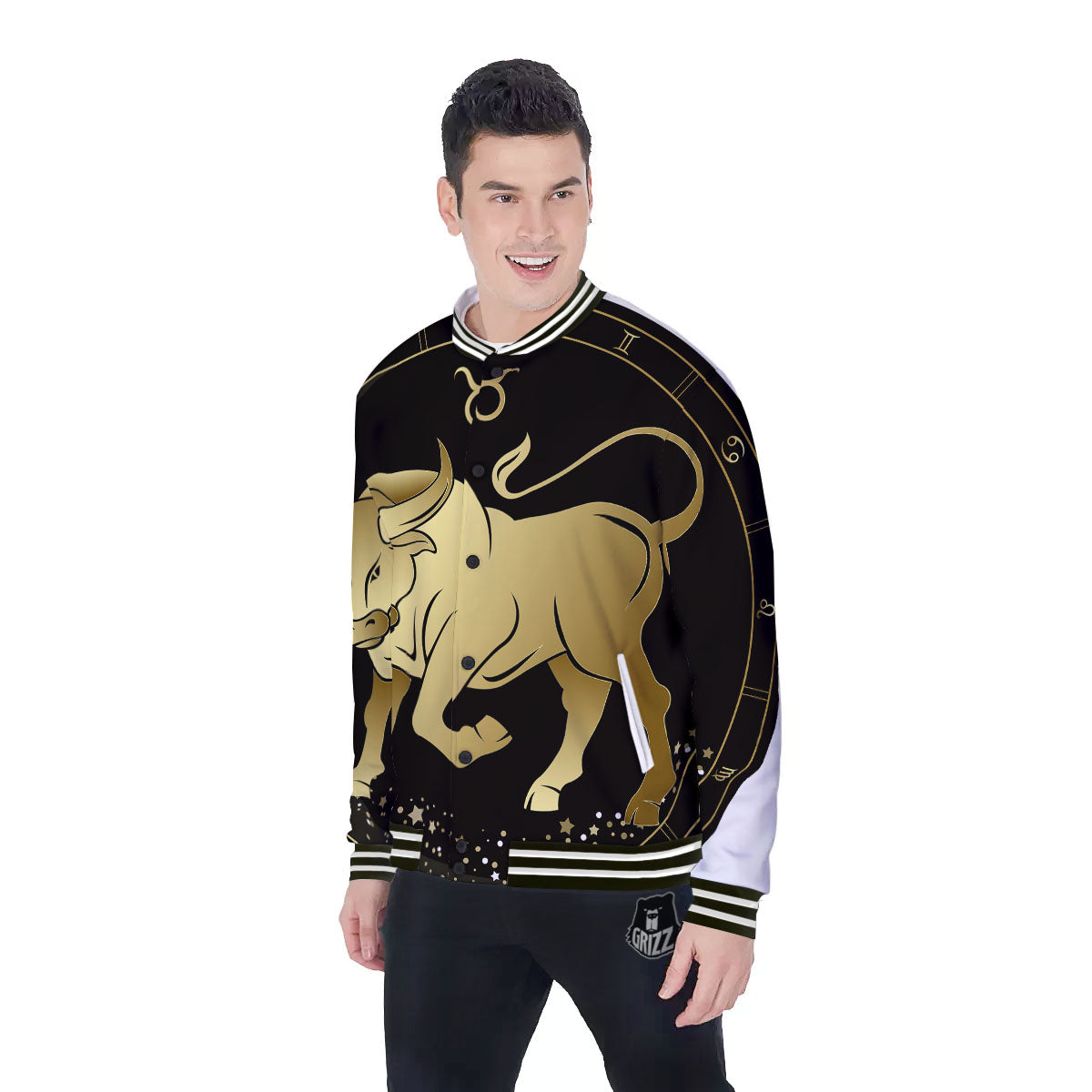 Taurus Sign Black And Gold Print Baseball Jacket-grizzshop