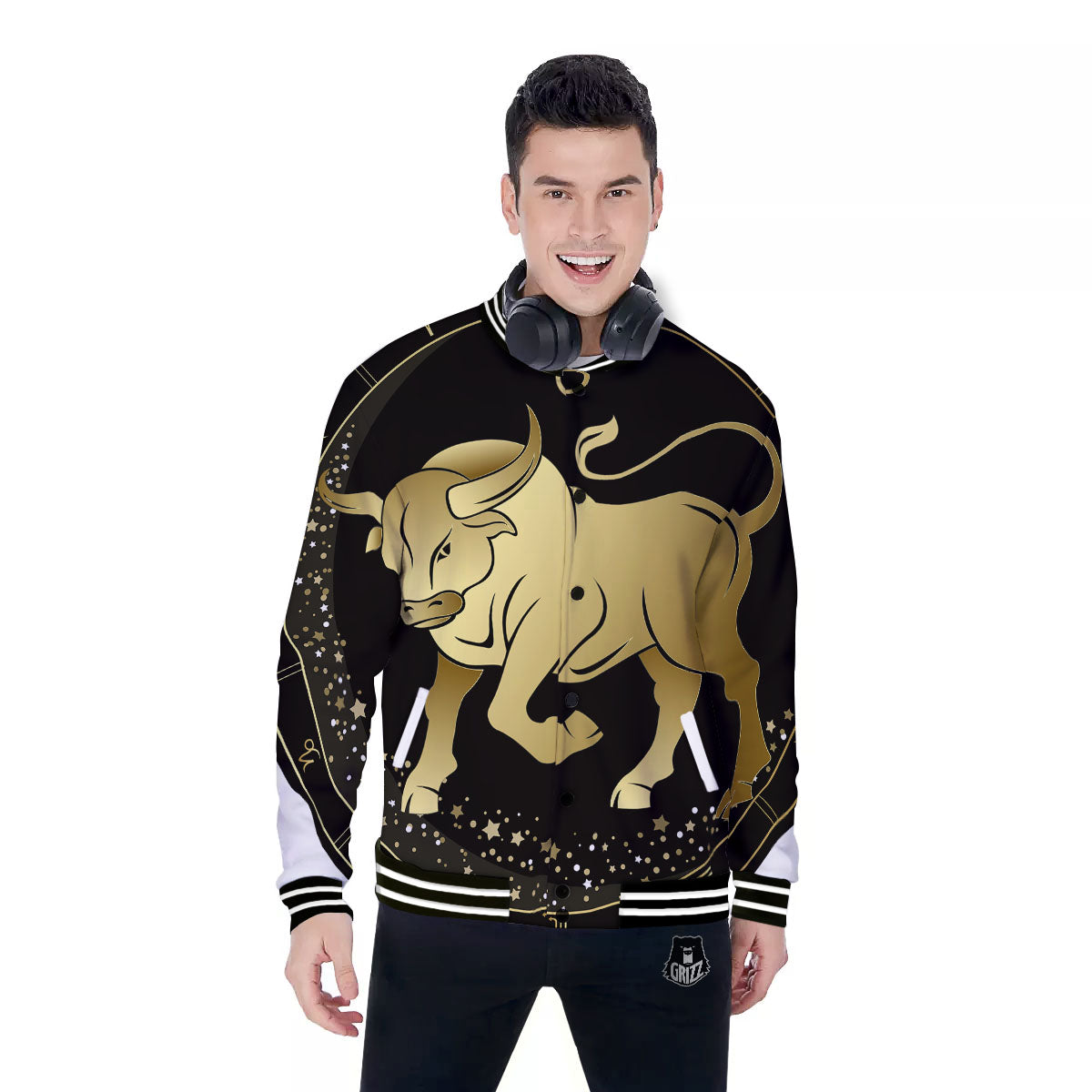 Taurus Sign Black And Gold Print Baseball Jacket-grizzshop