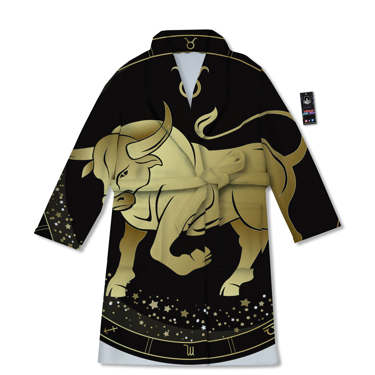 Taurus Sign Black And Gold Print Bathrobe-grizzshop