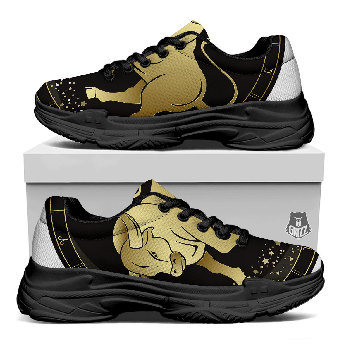Taurus Sign Black And Gold Print Black Chunky Shoes-grizzshop