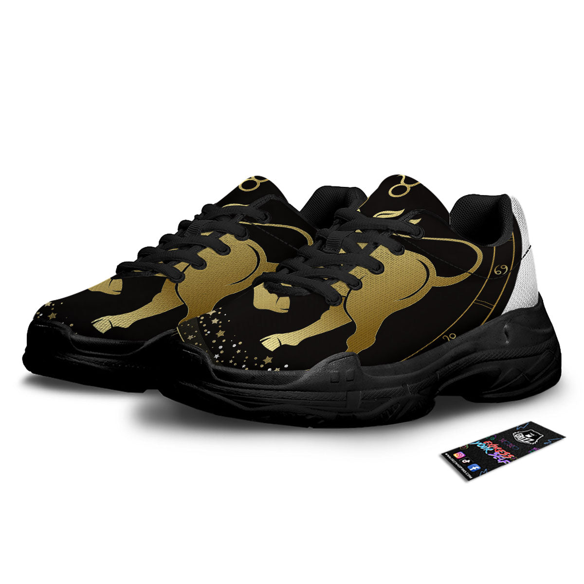 Taurus Sign Black And Gold Print Black Chunky Shoes-grizzshop