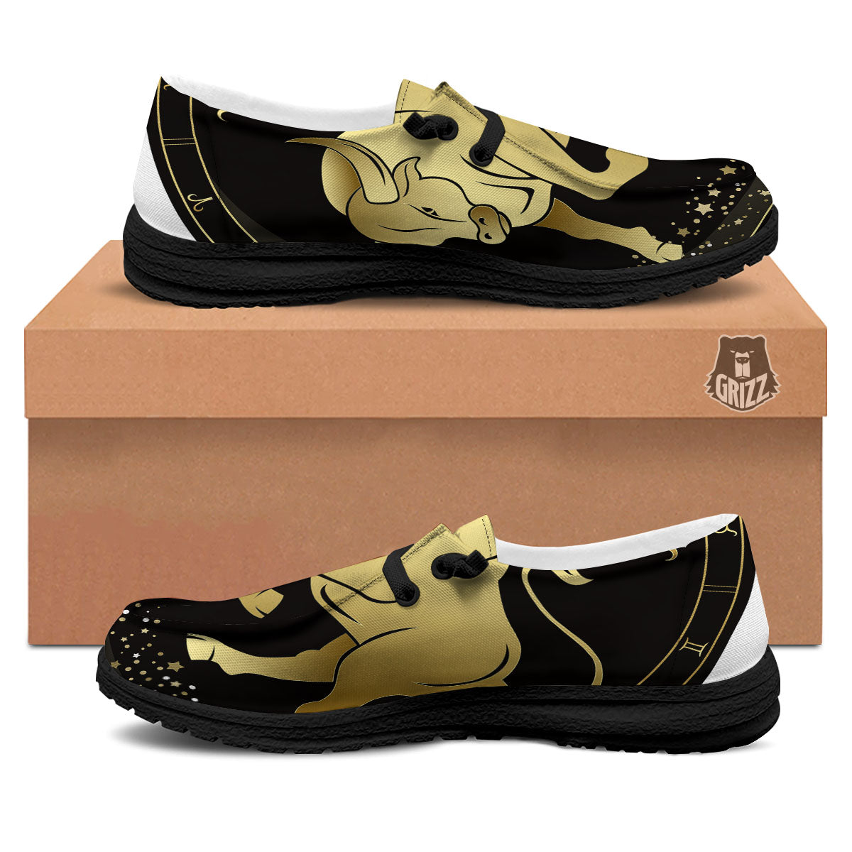Taurus Sign Black And Gold Print Black Loafers-grizzshop
