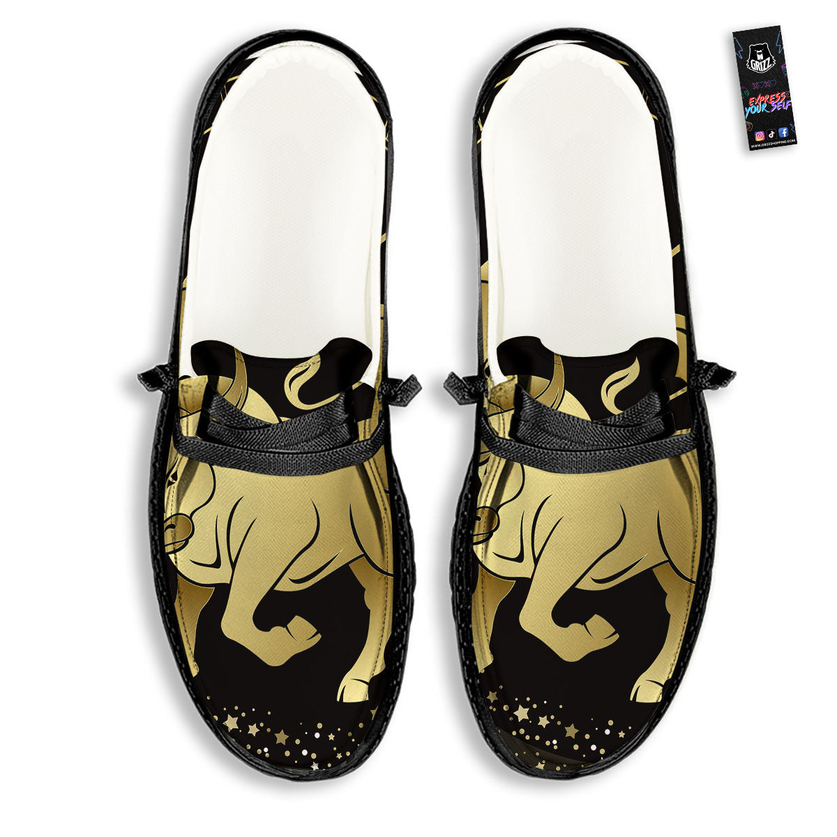 Taurus Sign Black And Gold Print Black Loafers-grizzshop