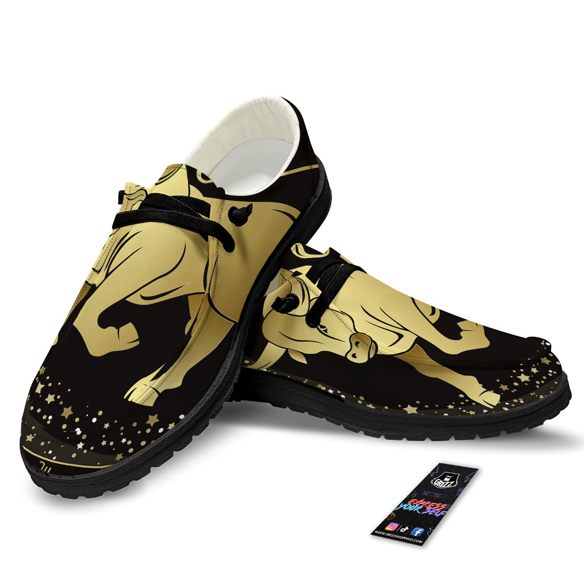 Taurus Sign Black And Gold Print Black Loafers-grizzshop