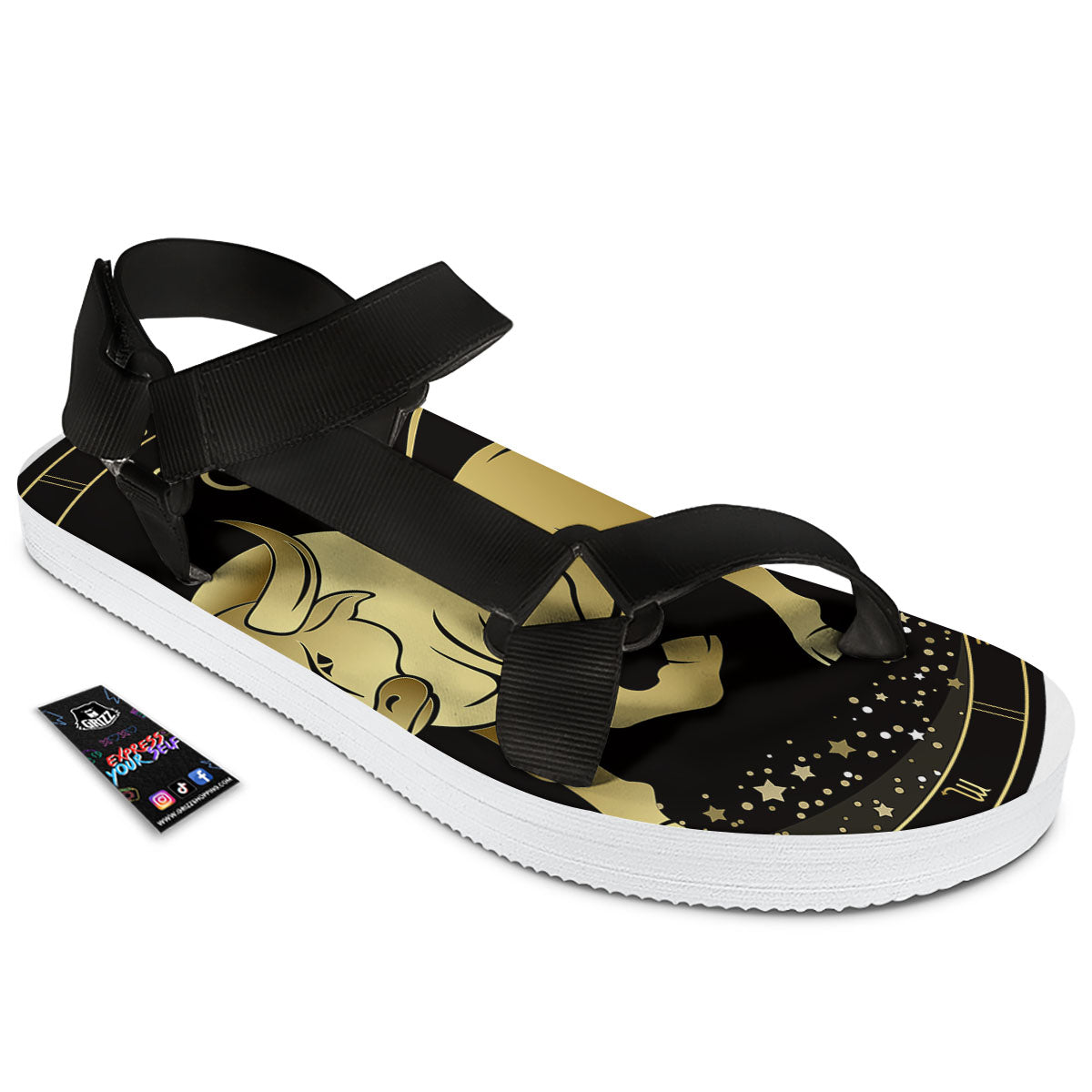 Taurus Sign Black And Gold Print Black Open Toe Sandals-grizzshop