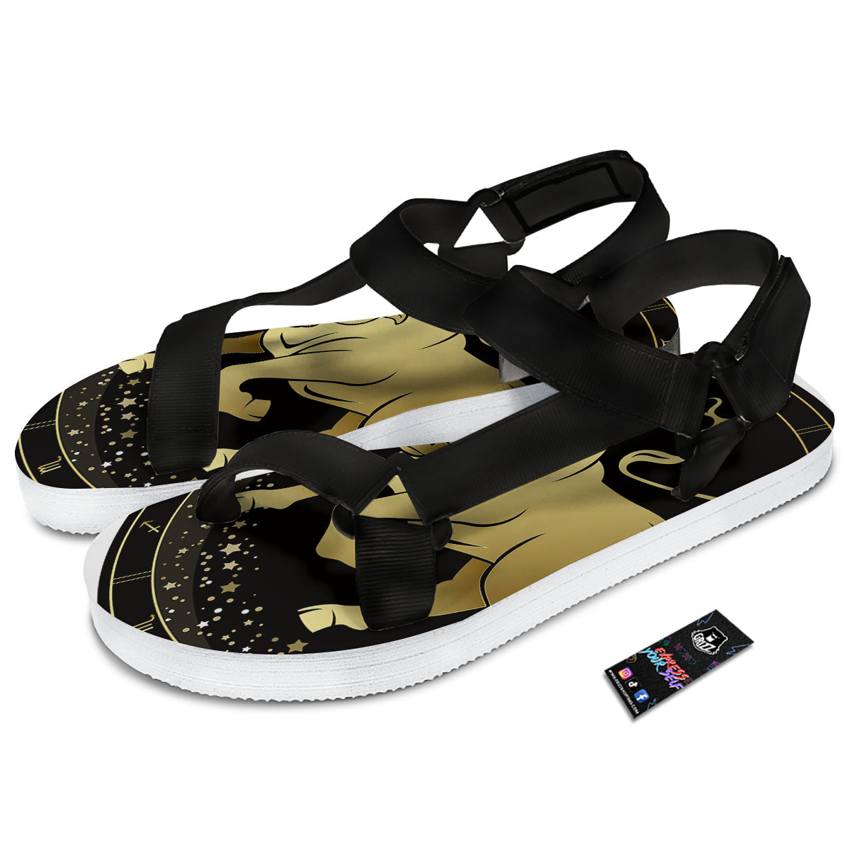 Taurus Sign Black And Gold Print Black Open Toe Sandals-grizzshop