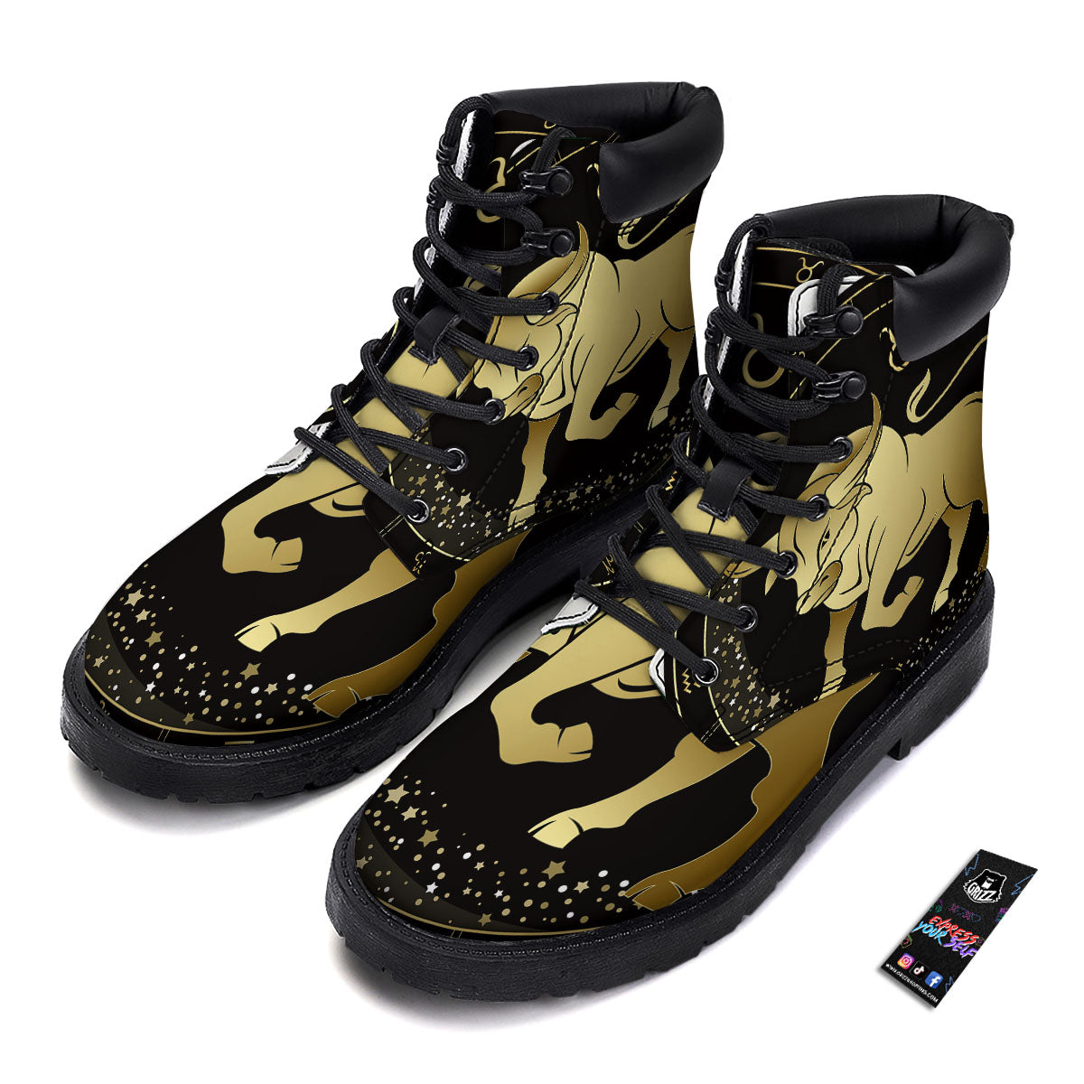 Taurus Sign Black And Gold Print Boots-grizzshop