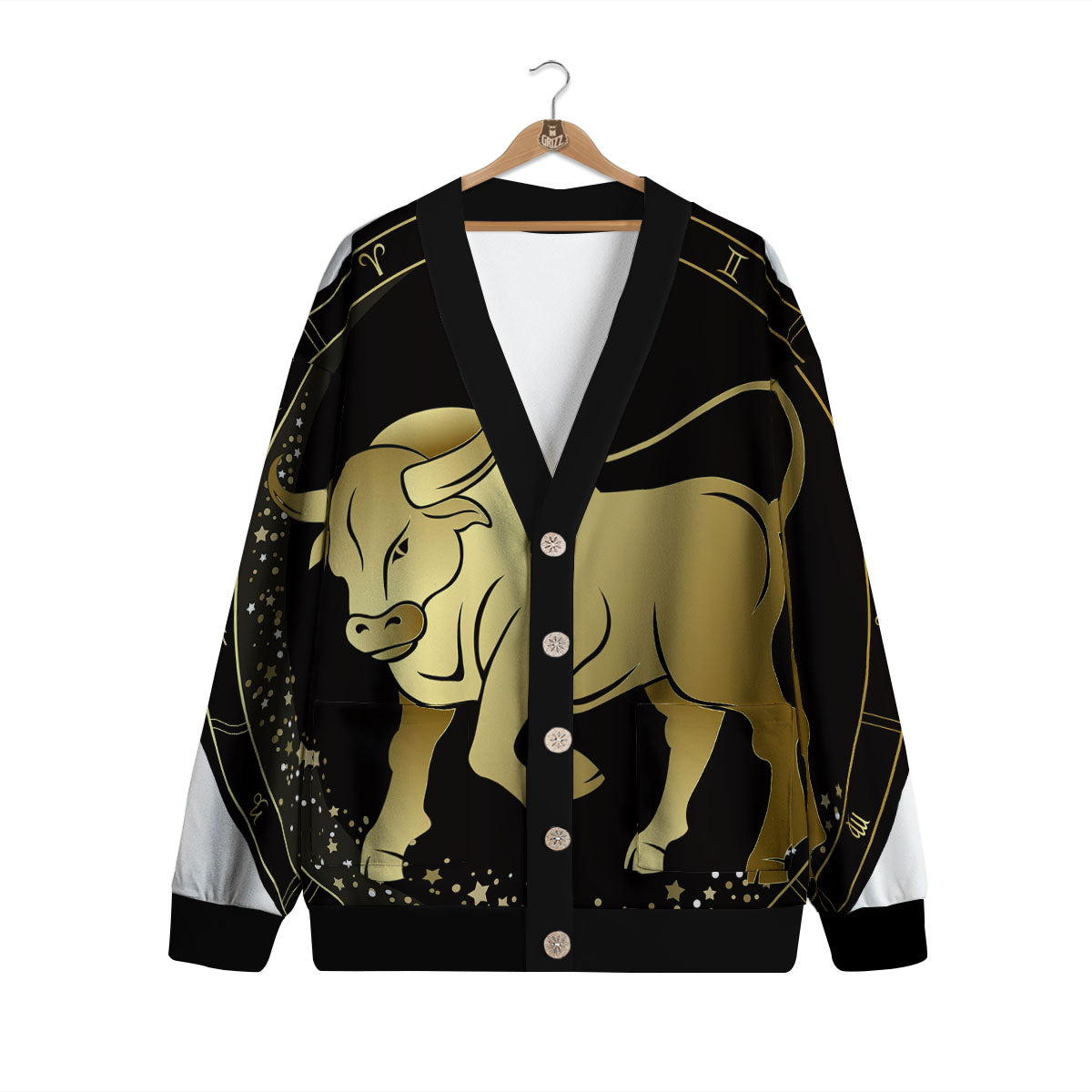 Taurus Sign Black And Gold Print Cardigan-grizzshop