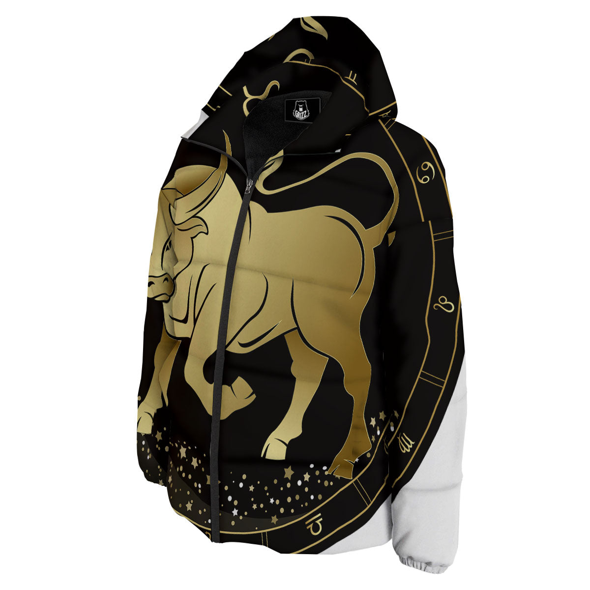 Taurus Sign Black And Gold Print Down Jacket-grizzshop