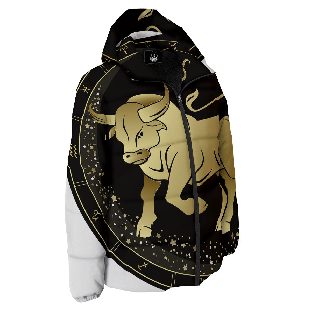 Taurus Sign Black And Gold Print Down Jacket-grizzshop