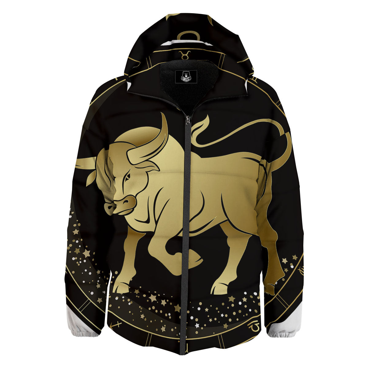 Taurus Sign Black And Gold Print Down Jacket-grizzshop