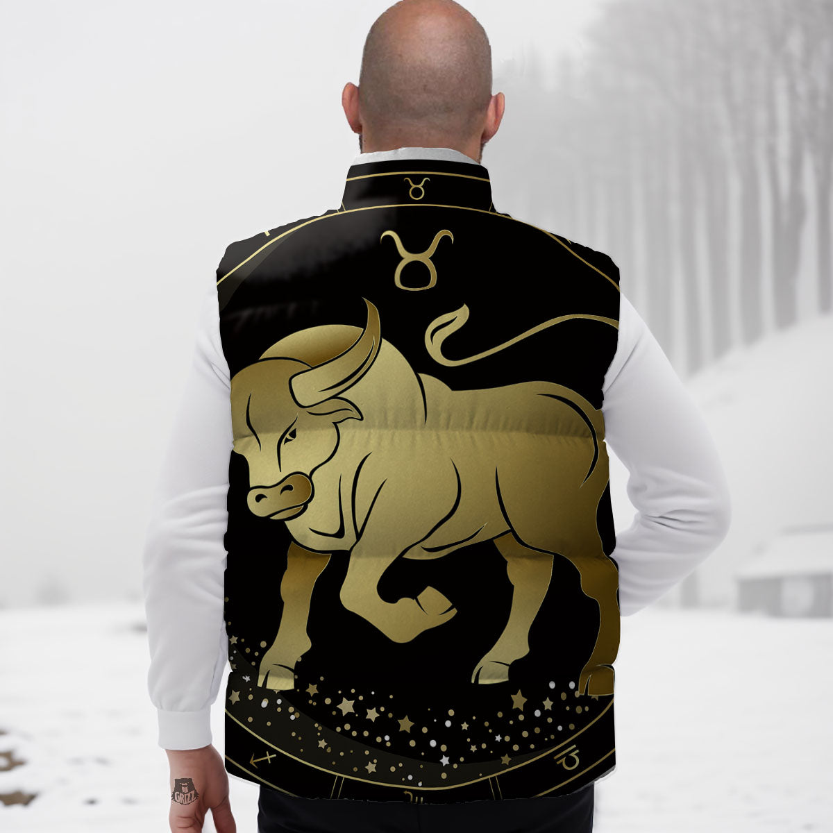 Taurus Sign Black And Gold Print Down Vest